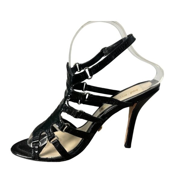 L.A.M.B. Goldy Sandal Heel in Black with Silver Strappy Stiletto Open Toe Size 9 - Picture 7 of 11